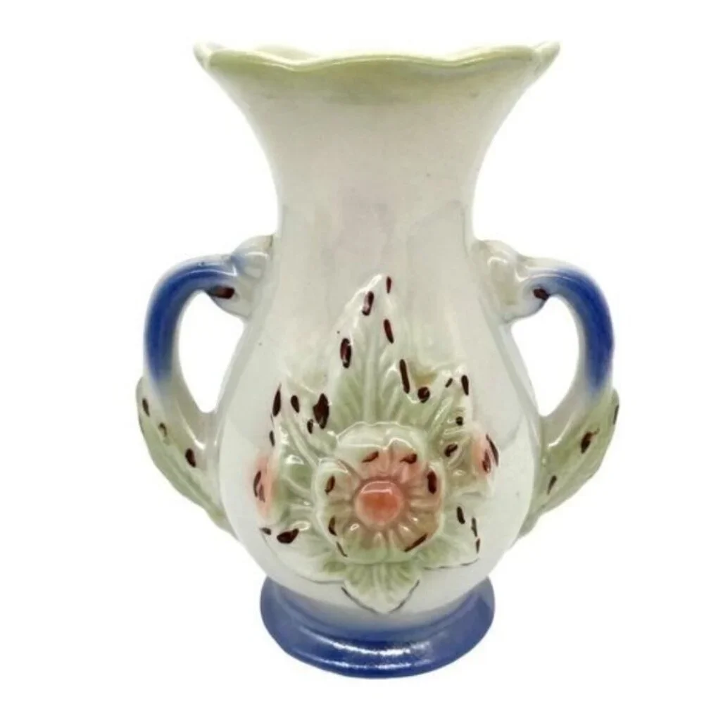 Vintage Lusterware Double Handle Floral Bud Vase Brazil - Picture 8 of 8